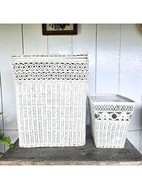 Vintage Wicker Hamper Set Maine Country Cottage White Basket Hamper Wastebasket